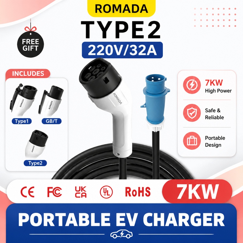 7KW ROMADA Electric Vehicle Po - đánh giá và giá Portable Ev Charger 32A Type 2 Cee Plug
